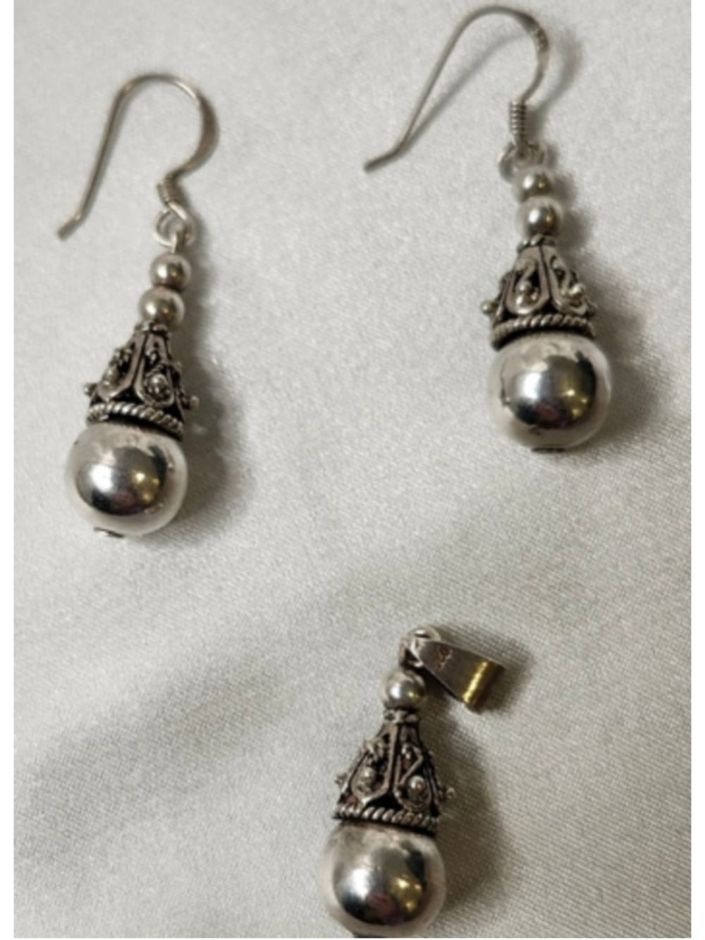 Vintage 925 Sterling Silver Filigree Bead Drop Earrings & Pendant Set 5g